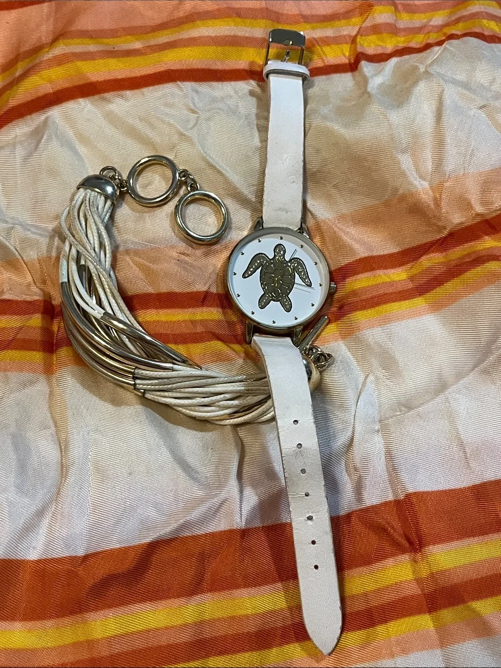 White Turtle Dial Women’s Watch with Coordinating Tassel Bracelet